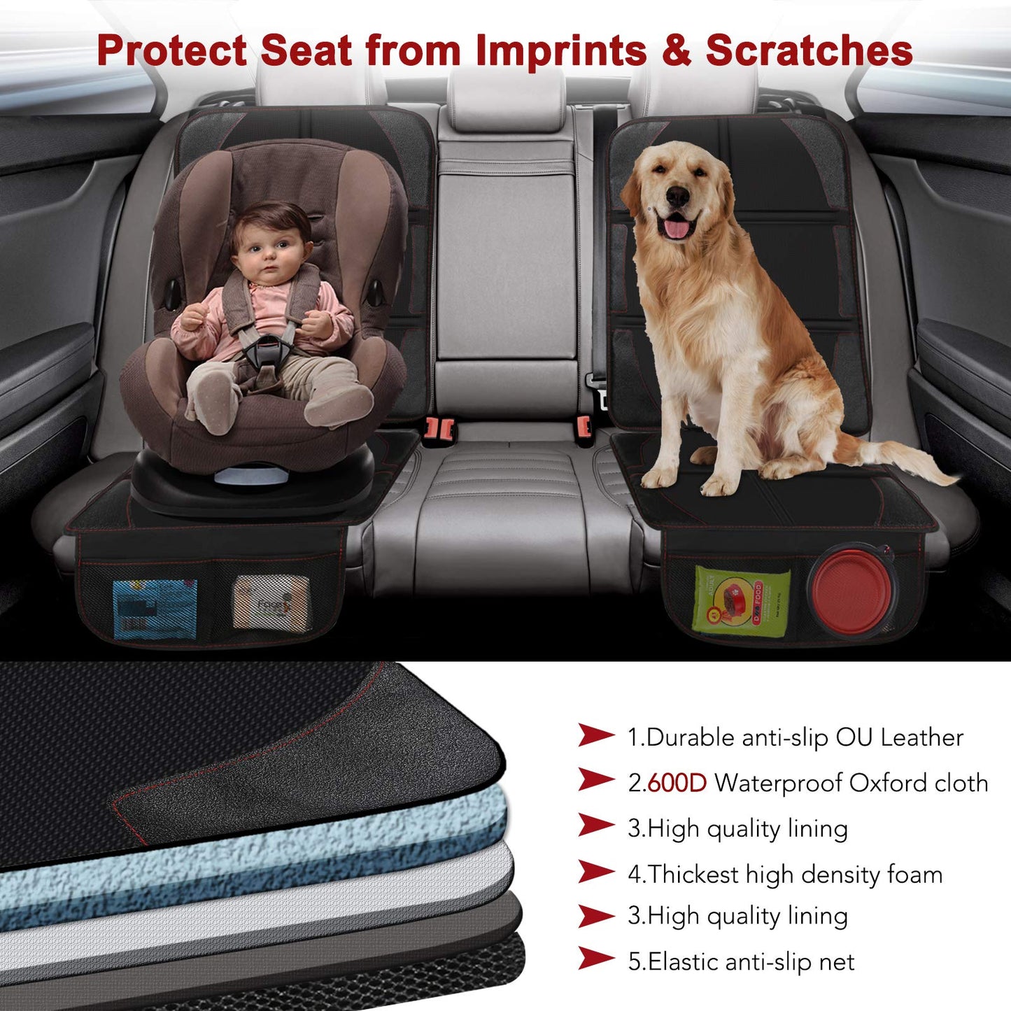 Beicarin Car Seat Protector Cushion Mat, 2 Pack Baby Seat Protector Child Car Seat with Organizer Pocket, Auto Dog Pad with Non Slip Backing Waterproof for SUV Sedan Truck