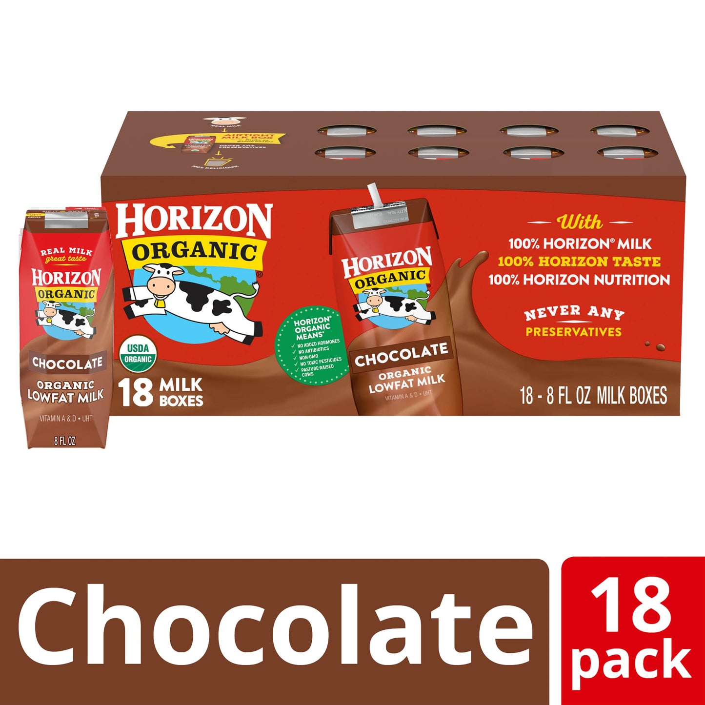 Horizon Organic Shelf Stable 1% Lowfat Chocolate Milk Boxes, USDA Certified Organic UHT Milk from Pasture-Raised Cows, No Refrigeration Required, 8 fl oz, 18 Count