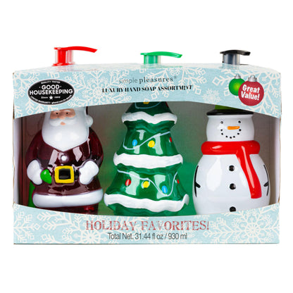 Simple Pleasures Snowman, Santa & Christmas Tree 3 Pack Holiday Soap Dispensers with Scented Liquid Soap: Decorative Hand Pump Refillable Christmas Soap Dispenser for Kitchen and Bathroom Sinks