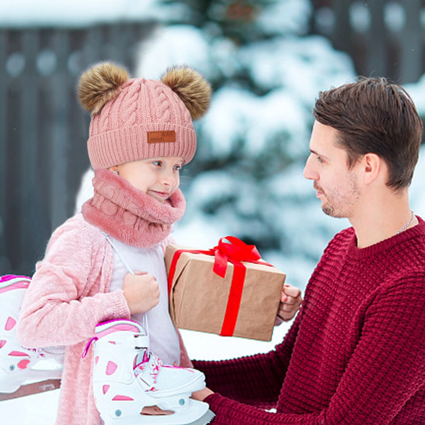 beifon Kids Winter Warm Beanie Hat Scarf Gloves Set Thermal Knit Crochet Thick Fluffy Toddler Cap Pom Pom Bobble Hat with Faux Fur for Girls Boys Children Aged 3-8