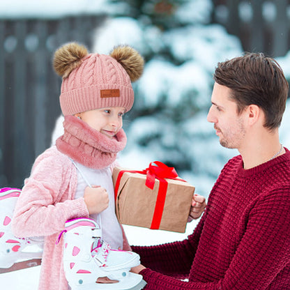 beifon Kids Winter Warm Beanie Hat Scarf Gloves Set Thermal Knit Crochet Thick Fluffy Toddler Cap Pom Pom Bobble Hat with Faux Fur for Girls Boys Children Aged 3-8