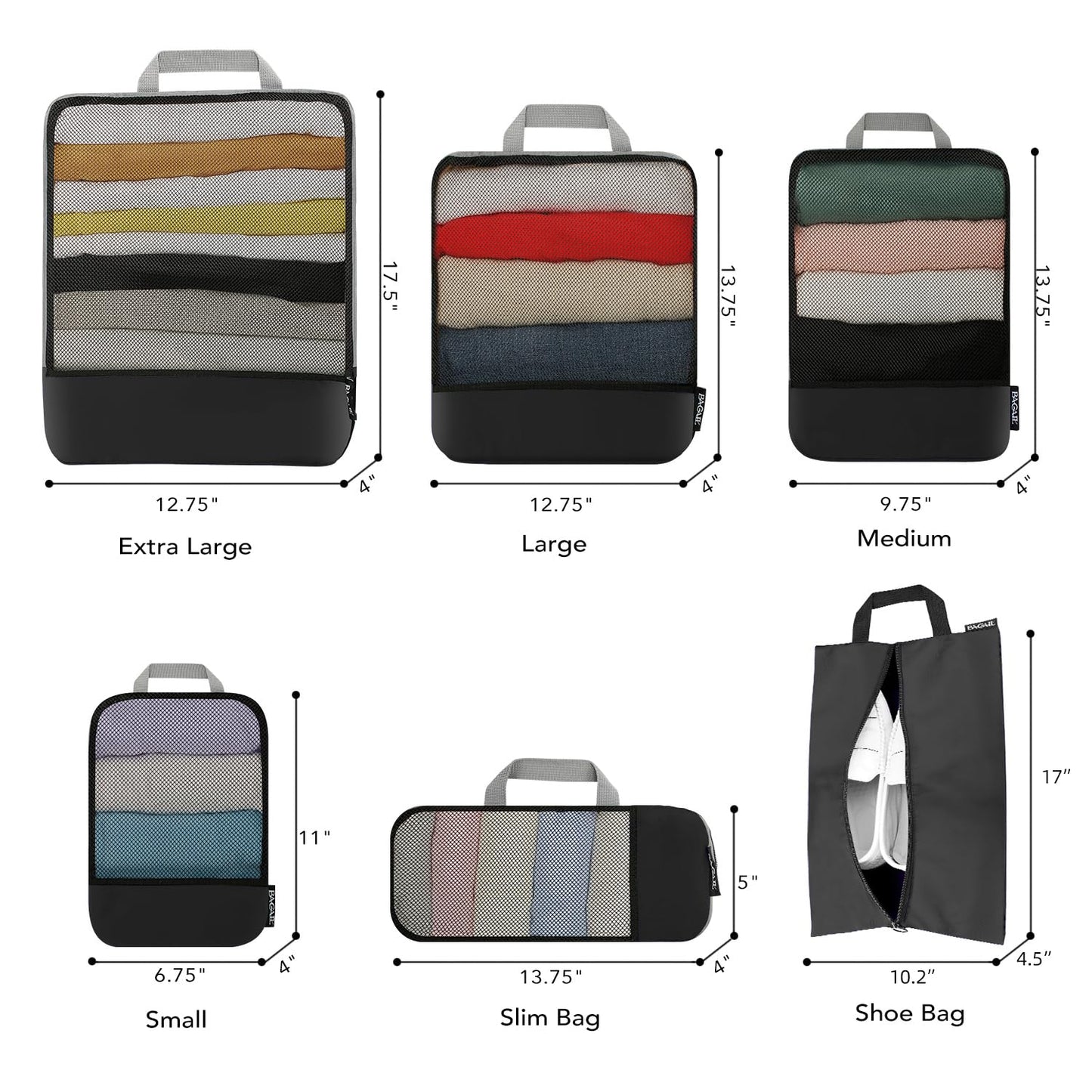 BAGAIL 4 Set/6 Set/8 Set Compression Packing Cubes Travel Accessories Expandable Packing Organizers (Half Mesh, 6-Black)