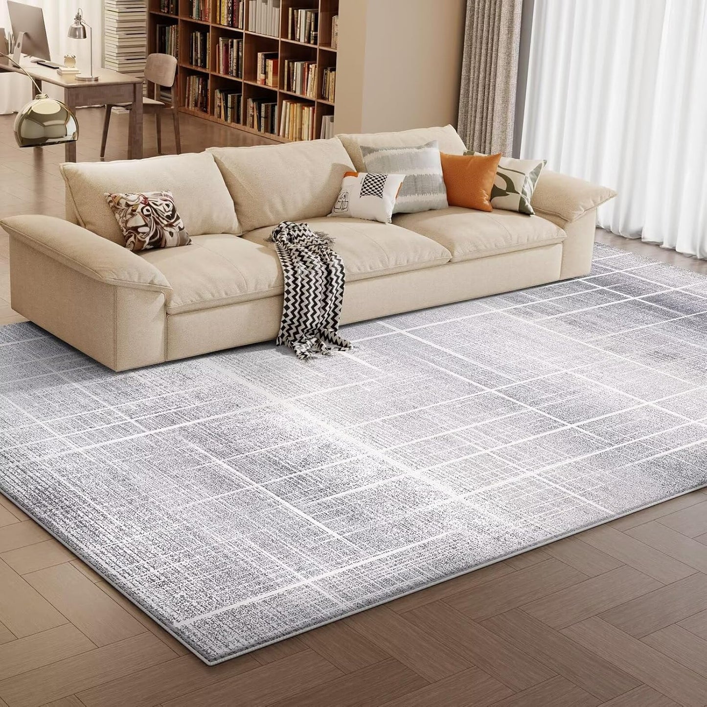 Vamcheer Modern Area Rug 5x7 - Upgraded 10mm Thick Sponge for Exceptional Comfort, Abstract Area Rug for Living Room/Bedroom/Office, Non-Shedding & Easy to Clean, Grey Striped