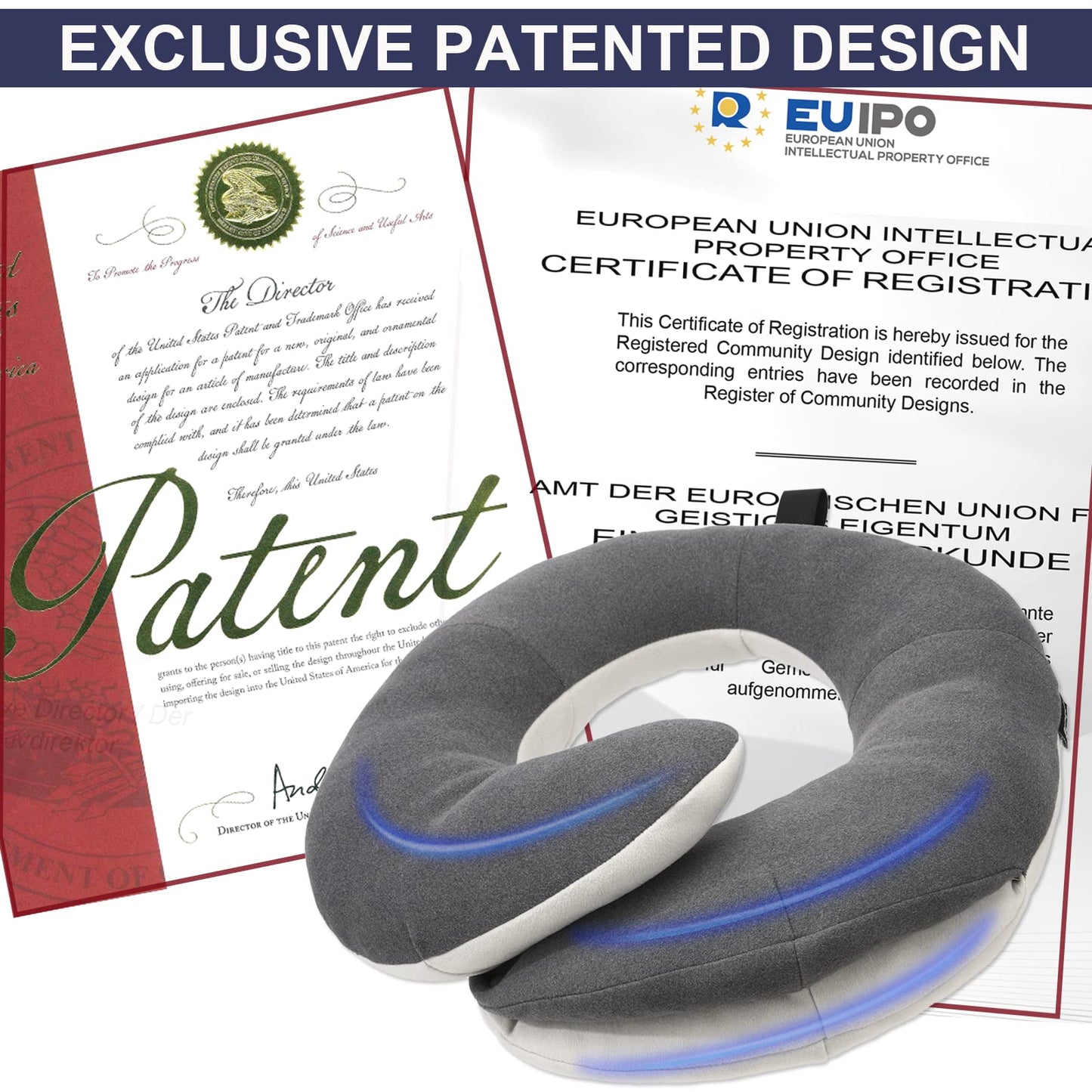 BUYUE Travel Neck Pillows for Airplanes, 360° Head Support Sleep for Long Flight, Skin-Friendly & Breathable, Kit with 3D Contoured Eye Mask, Earplugs and Storage Bag (Adult, Grey, 90+ lbs)