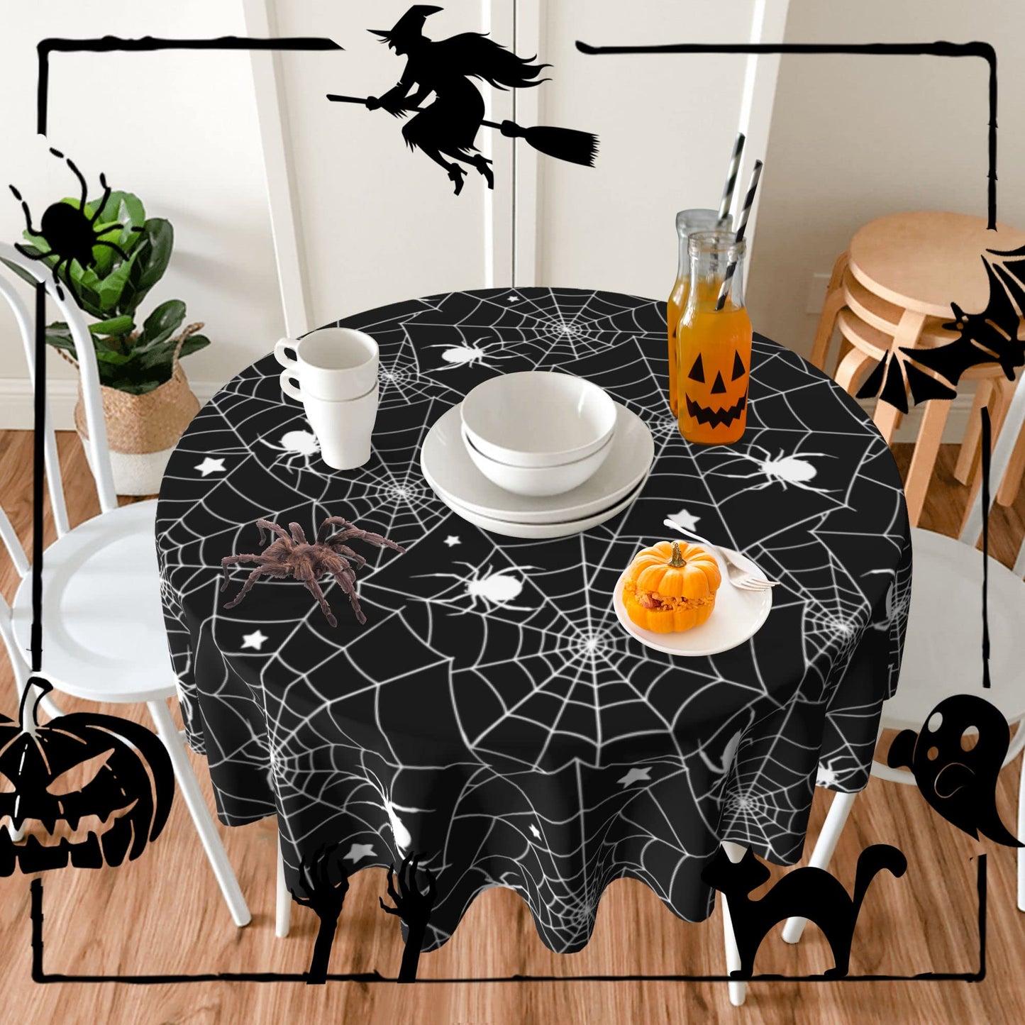 SuQKXCo Halloween Spider Web Round Tablecloth 60 Inch Stars Tablecover Anti-Wrinkle Waterproof Wipeable Table Cloth for Kitchen/Home Decoration