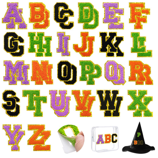 52 Pcs Halloween Patches Chenille Letter Patches Self Adhesive for Clothing,A-Z Varsity Letter Stickers Embroidered Sew on Repair Patches for Jackets Hats Backpacks