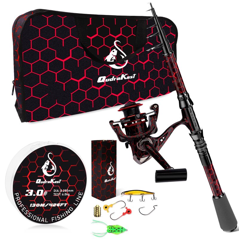 QudraKast Fishing Rod and Reel Combos - High Precision Machined Pattern Telescopic Fishing Pole and 12+1 Full Metal Ultra Smooth Spinning Reel Combos with Carrier Bag 1.8 M