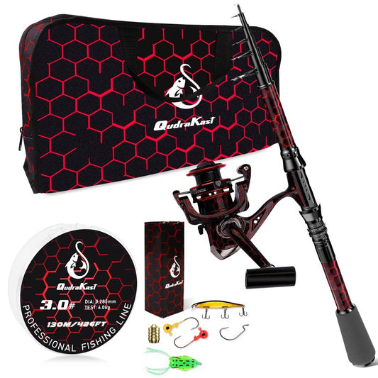 QudraKast Fishing Rod and Reel Combos - High Precision Machined Pattern Telescopic Fishing Pole and 12+1 Full Metal Ultra Smooth Spinning Reel Combos with Carrier Bag 1.8 M
