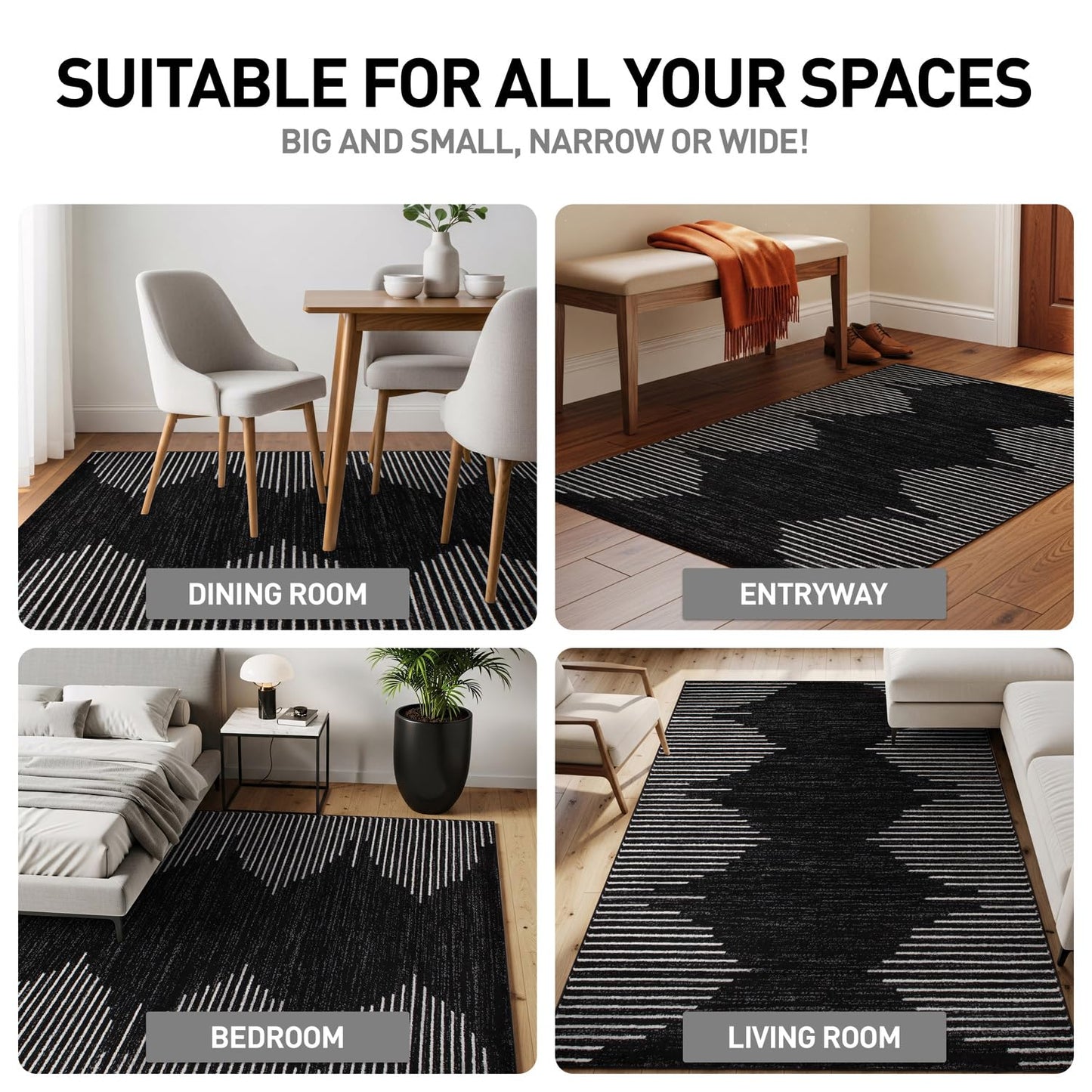 Rugshop Bohemian Stripe Stain Resistant High Traffic Living Room Kitchen Bedroom Dining Home Office Area Rug 8' x 12' Black
