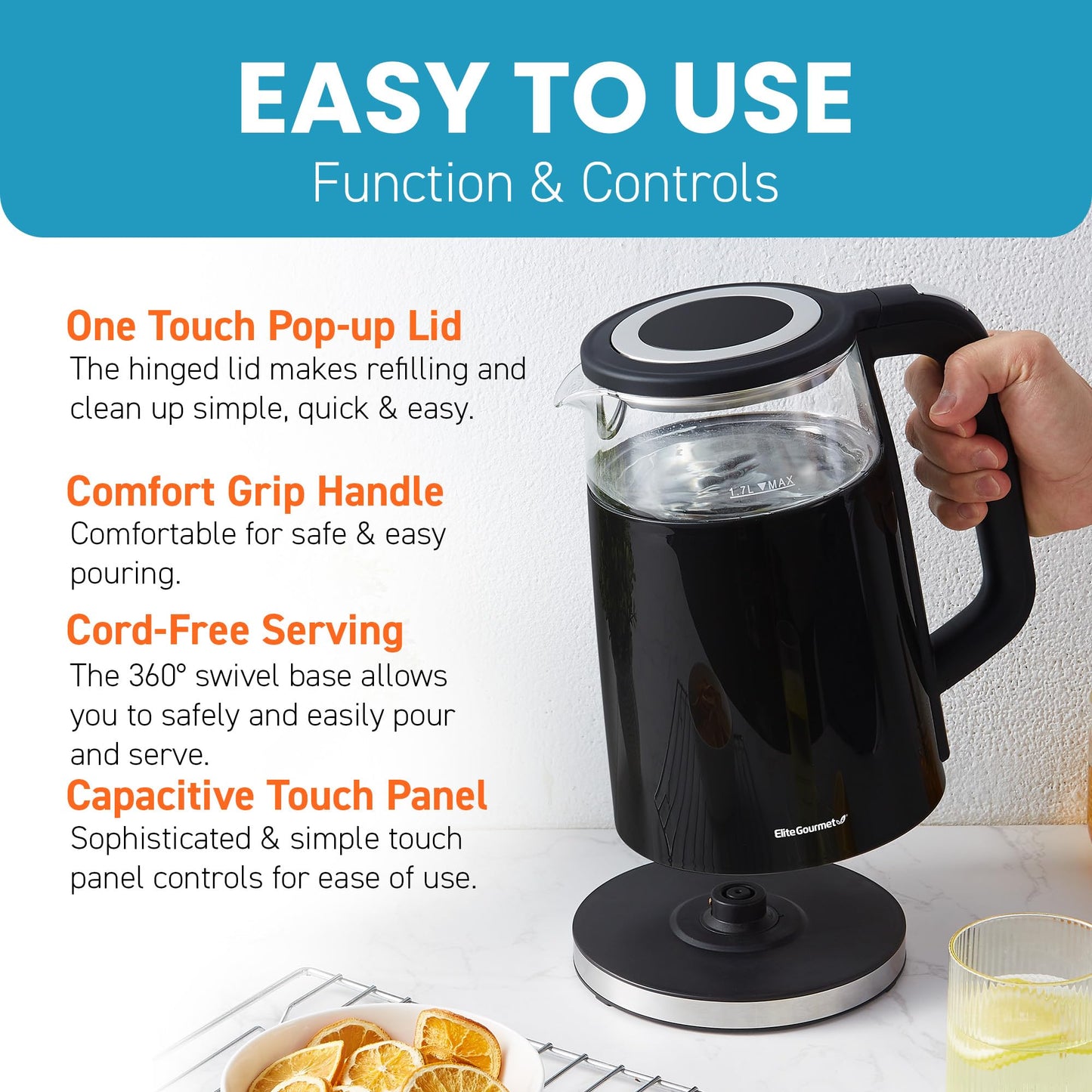 Elite Gourmet EKT8717 1.7L Dual Wall Cool Touch Electric Tea Kettle, Borosilicate Glass, 304 Stainless Steel Interior, Programmed Digital Touchscreen, Keep Warm, Auto Off & Audible Indicator, Black