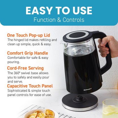 Elite Gourmet EKT8717 1.7L Dual Wall Cool Touch Electric Tea Kettle, Borosilicate Glass, 304 Stainless Steel Interior, Programmed Digital Touchscreen, Keep Warm, Auto Off & Audible Indicator, Black