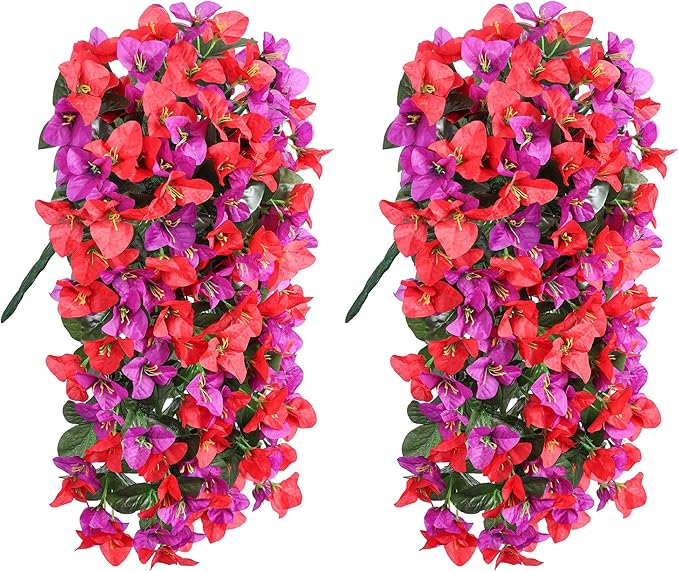 HyeFlora Bougainvillea Artificial Hanging Flowers Plants for Outdoors Decoration, 2pcs Fake Flowers Bougainvillea Vines Realistic UV Resistant Silk Flower for Outside Planter Porch Patio Yard Urn, Mix