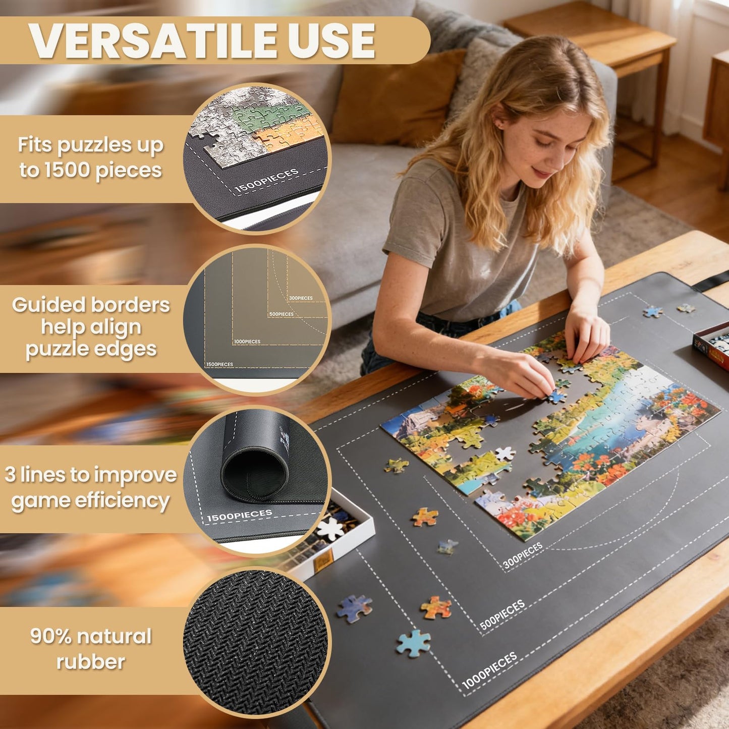 Premium All-in-One Puzzle Mat Roll Up - 46" x 26" Puzzle Mat Holds Up to 1500 Pieces with Non-Slip Rubber Bottom & Smooth Top + 6 Puzzle Sorting Trays & Beautiful Gift Packaging