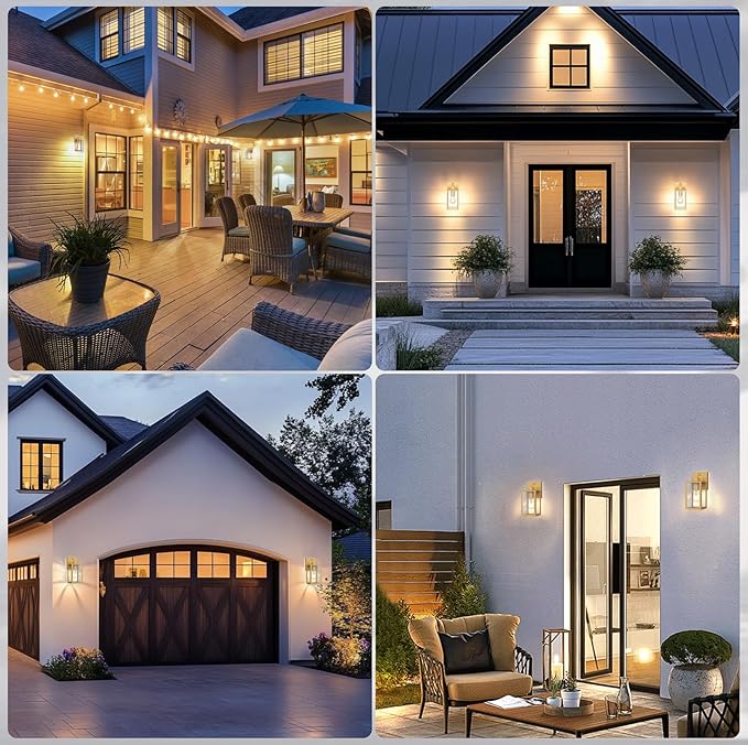 PARTPHONER Dusk to Dawn Outdoor Light Fixtures, 2-Pack Sensor Porch Lights, Waterproof Exterior Wall Sconce Lighting Lamp, Waterproof Wall Lantern for House, Doorway, Garage (Gold)