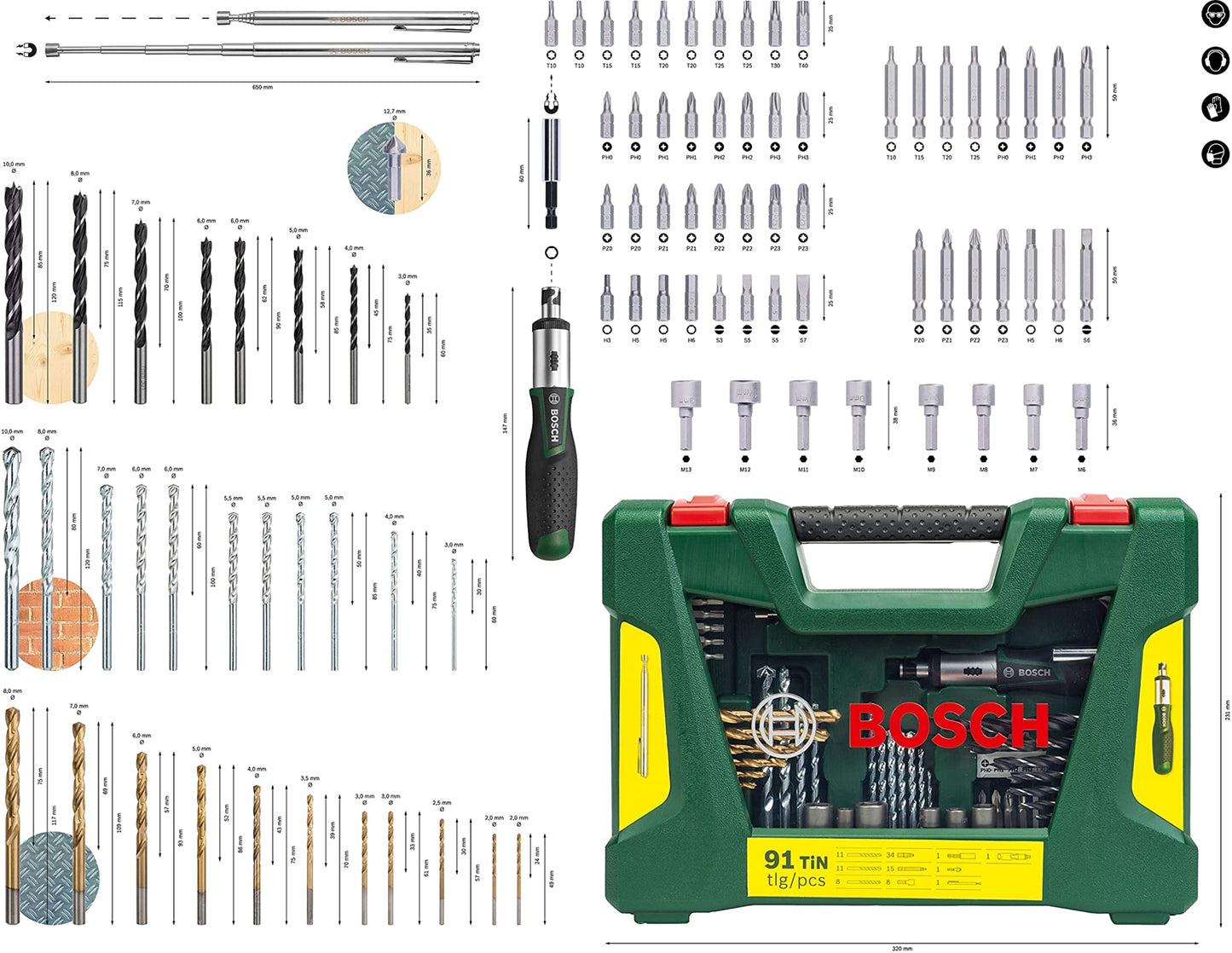 Bosch 2607017195 91-Piece Titanium Drill and Screwdriver Bit Set, V-Line (for Wood, Masonry and Metal, Including Ratchet Screwdriver and Magnetic Rod, Accessories for Drills and Screwdrivers), Green