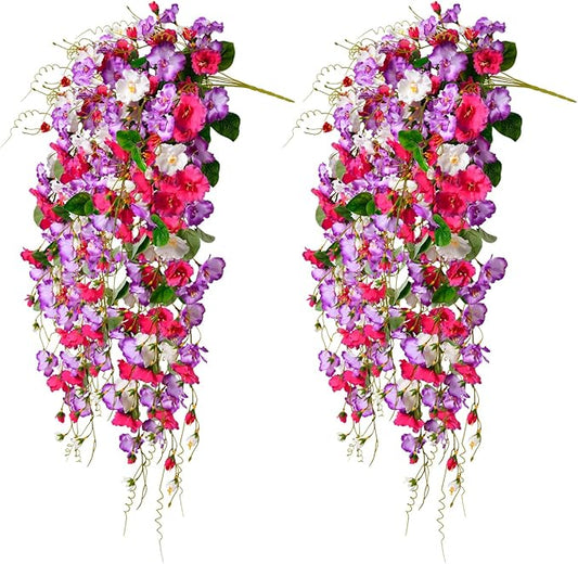 Artificial Flowers for Outdoors 2 Pack Fake Hanging Plants with Faux Hibiscus Flowers Summer Fall Decor UV Resistant Silk Leaves for Indoor Outdoor Front Door Porch Patio Planter Decor