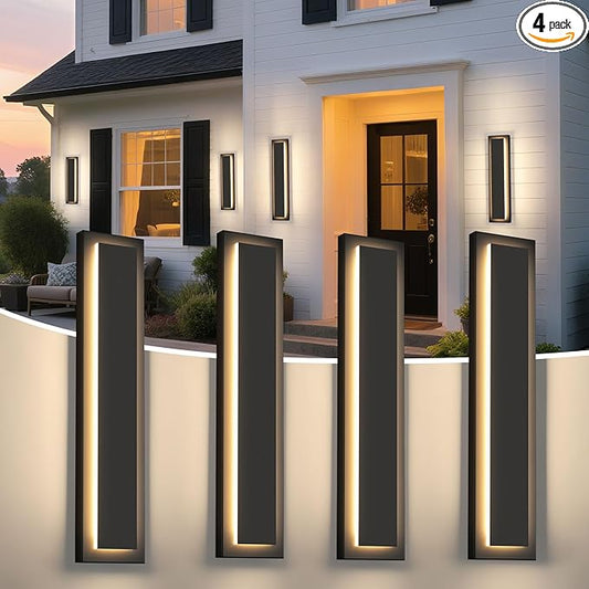 24 in Long Black Outdoor Wall Lights Exterior Lights for House, 4 Pack Front Porch Light Fixture, 24W Modern LED Outdoor Wall Sconce, Waterproof Outside Garage Light, 3000K Warm White