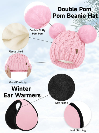 Aneco Winter Beanie Hat Scarf Gloves Ear Warmer Set for Women Fleece Lined Pom Pom Beanie Touchscreen Gloves 4 in 1 Set Pink