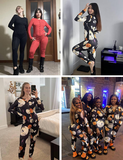 Ekouaer Halloween Onesie Adult Womens Onesie Pajamas Button One Piece Pajama Long Sleeve Sleepwear for Women