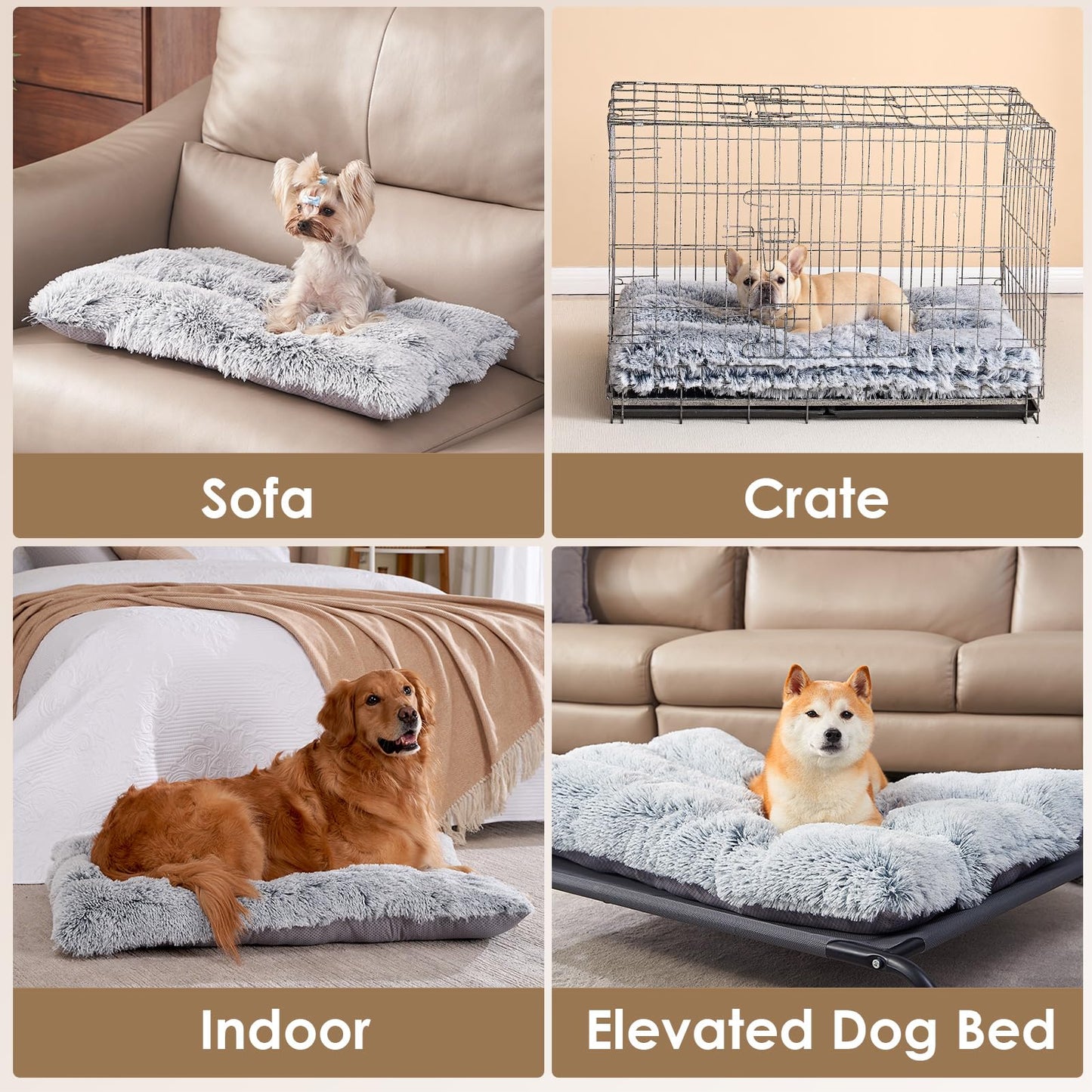 EHEYCIGA Calming Dog Bed Medium, Fluffy Anti Anxiety Washable Cushion Bed for Crate, Dog Mat Mattress with Anti-Slip Bottom, Grey, 75x50x7.5cm