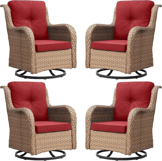 Rilyson Patio Chairs Wicker Outdoor Chair - 4 Piece Rattan Swivel Rocking Chairs Set Patio Glider Rocker Chair for Porch Deck Garden Backyard(Yellow/Red)