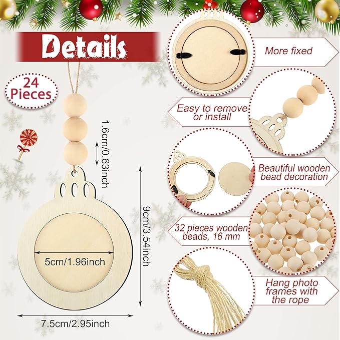 Blulu 24 Pcs Christmas Unfinished Picture Ornament Bulk Wooden Round Photo Frame Hanging Ornaments for Christmas Tree Stockings Decorations
