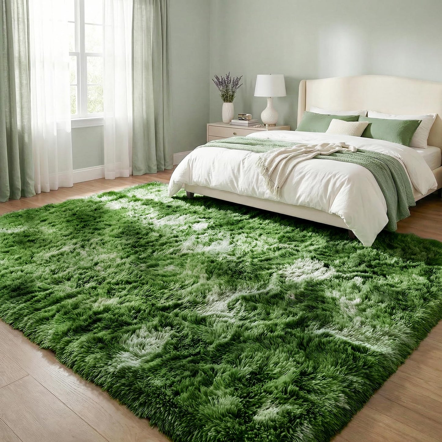 DweIke Fluffy Dark Green Rugs for Bedroom Living Room, 3x5 Feet Soft Plush Shaggy Tie-Dyed Forest Moss Green Girls Boys Kids Rug, Non-Slip and Machine Washable Carpet for Dorm Nursery Decor