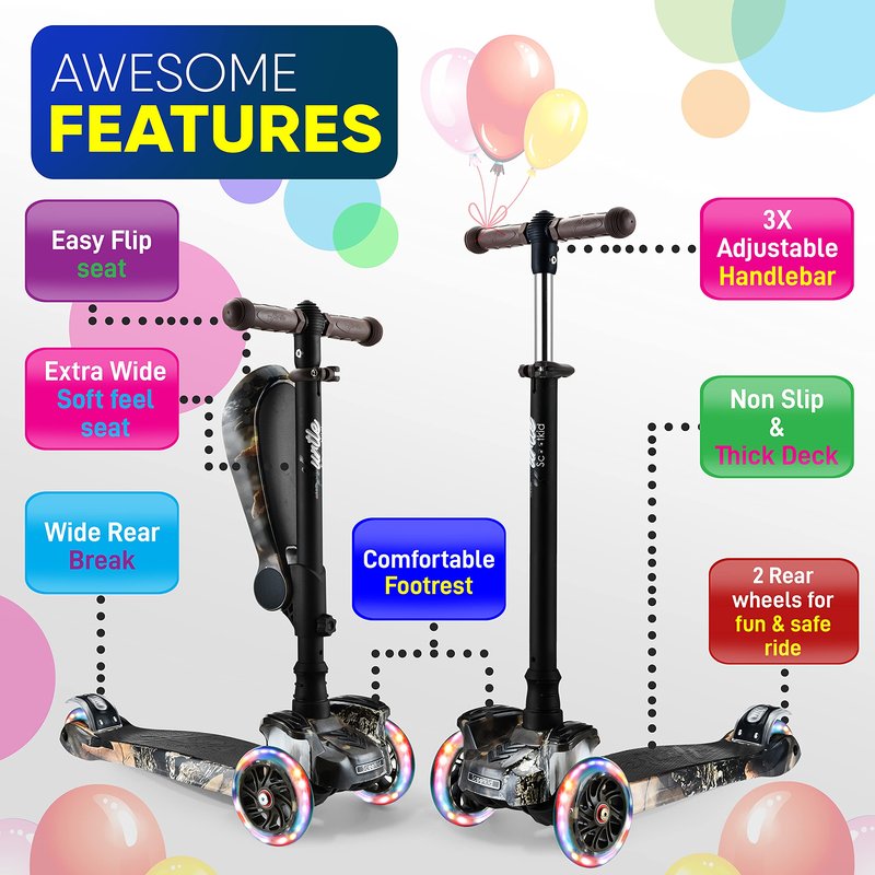 Hurtle 3 Wheeled Scooter for Kids - 2-in-1 Sit/Stand Child Toddlers Toy Kick Scooters w/ Flip-out Seat, Adjustable Height, Wide Deck, Flashing Wheel Lights, For Boys/Girls 1 Year Old+ (Real Tree)