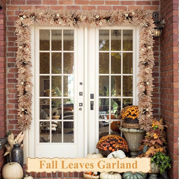 9 FT Fall Garland with Lights Timer Function Autumn Fall Leaves Garland with Berries Pine Cones Pumpkins Realistic Automatic ON/Off Timer Fall Decorations for Home Mantle Fireplace Porch Table