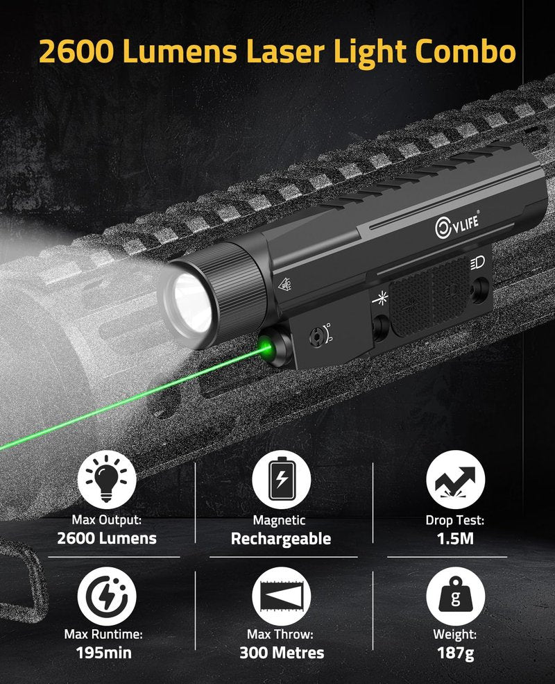 CVLIFE 2600 Lumens Compact Rifle Laser Light Combo with Easy Touch Switch, Ar Light Compatible with M-Rail and Picatinny, Magnetic Rechargeable Ar Flashlight with Green Laser for Home Defense, Hunting