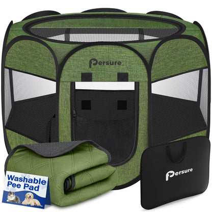 Dog Cat Playpen Indoor Outdoor for Puppy Pet Dogs Cat Recovery After Surgery, Dog Tent Crates Cage Indoor/Outdoor, Portable Pop Up Kennel with Carrying Case for Travel (Premium Green with Pad, Small)