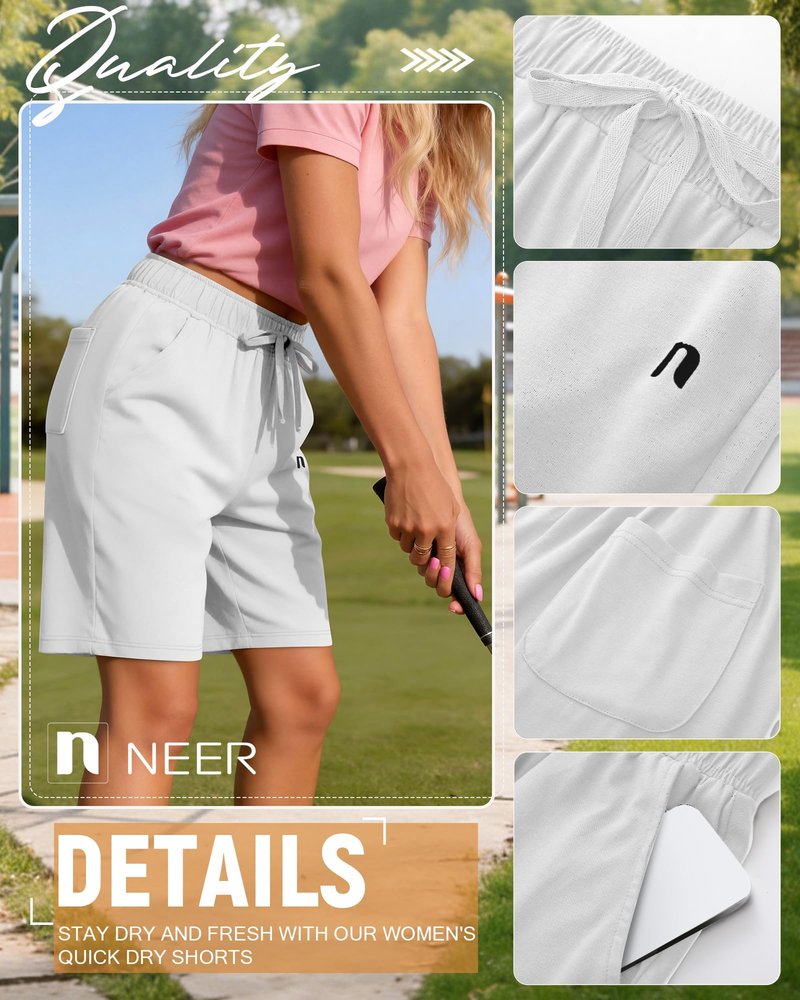 Neer 3 Pack Women's Quick Dry Shorts Women Drawstring High Waisted Bermuda Athletic Shorts with Pockets(Black,White,Dark Grey,X-Large)