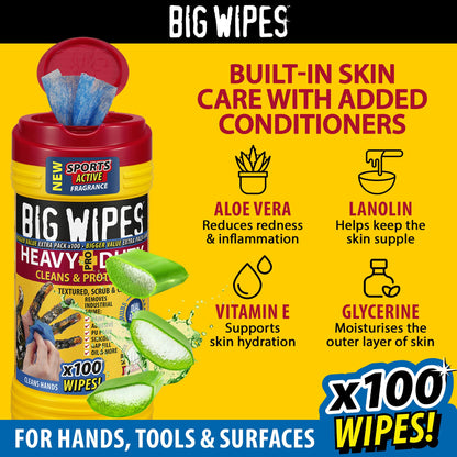 Big Wipes Heavy Duty Pro+ Hand Wipes x100 - Dispenser Tub | Removes Paint, Oil, PU Foam & Adhesives. Aloe Vera & Vitamin E Enriched, Dual-Sided Trade Wipes, Skin Safe, Tear Resistant