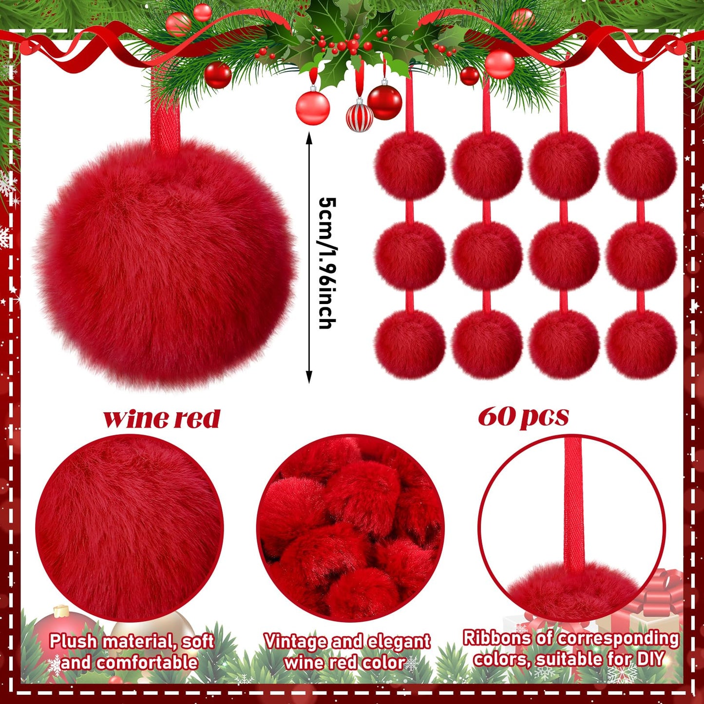 WILLBOND 60 Pcs Red Burgundy Furry Christmas Ornaments 2 Inch Pom Pom Ball Hanging Decoration Fuzzy Fluffy Christmas Ornaments for Xmas Tree Home DIY Craft Party Decor