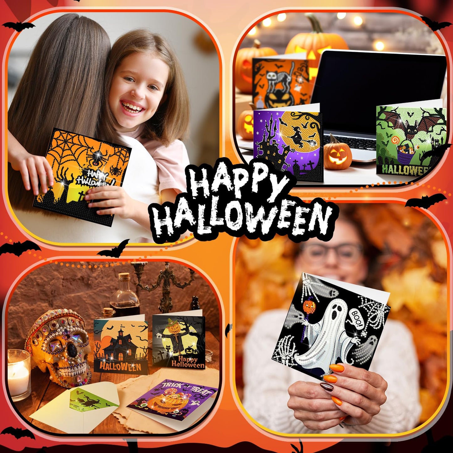Saillong 12 Pack Halloween Diamond Painting Greeting Card Kits DIY Diamond Art Cards with Envelopes Bat Black Cat Pumpkin 5D Rhinestones Painting for Adults DIY Craft Family Friend Halloween Gifts