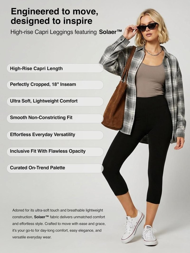 Conceited Capri Leggings for Women - High Waisted - Soft - Casual - Black - Small - Medium