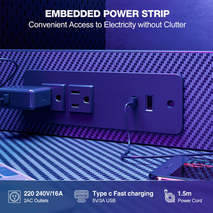 Grandder Gaming Desk 47 Inch with Power Outlet and LED Light, Computer Desk with Reversible Shelves and Storage Drawer, Pc Small Desk for Home Office Table with Bag, Carbon Fiber Black