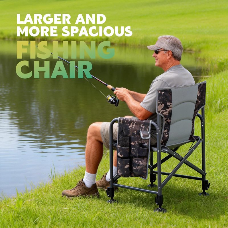 FUNHORUN Fishing Chair with Rod Holder, Folding Heavy Duty Ice Fishing Camping Chair with Liftable Cooler Bag, Cup Holder, Adjustable Legs
