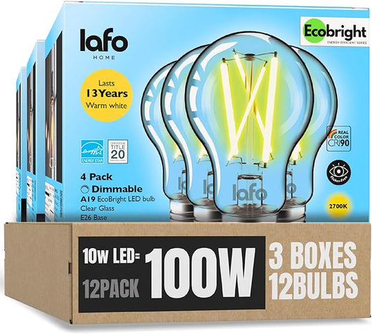 EcoBright 12PK Dimmable A19 LED Filament Bulb, 10W (100W Equivalent), E26 Base, 1100 Lumens, CRI90+, Flicker-Free Clear Glass, Energy Star Title 20, Warm White 2700K