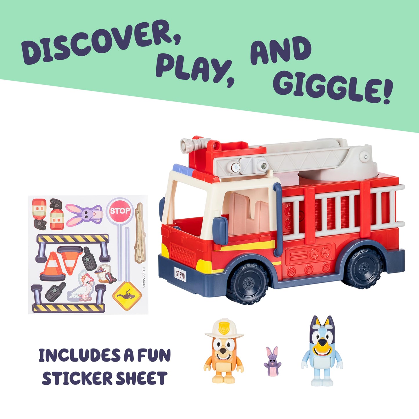 Bluey Firetruck, Firetruck, Exclusive Firefighter Bingo and Bob Bilby Figures Raise The Ladder, Spin It Around and Roll Out The Hose Includes Sticker Sheet