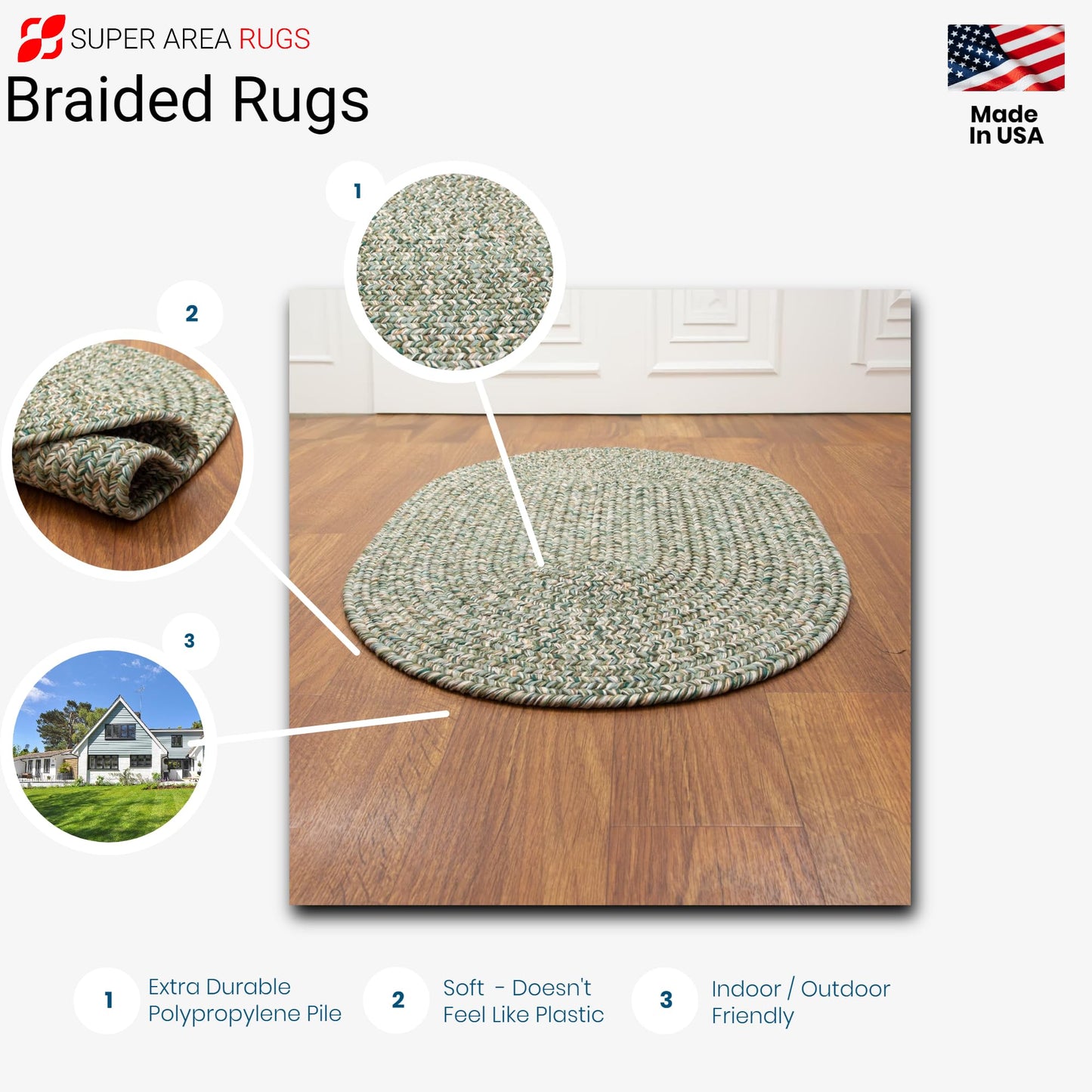 Super Area Rugs Rustic Farmhouse Living Indoor/Outdoor Reversible Braided Rug - Made in USA - Green Mix 2' X 3' Oval