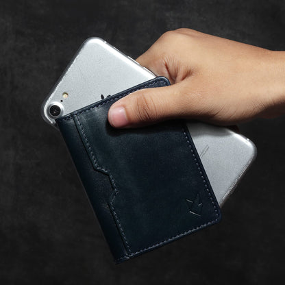 FOXHACKLE Leather Credit Card Holder for Men, Thin Bifold RFID Blocking Wallet, Slim Front Pocket Minimalist Wallet, Small Card Case (Blue Tan)