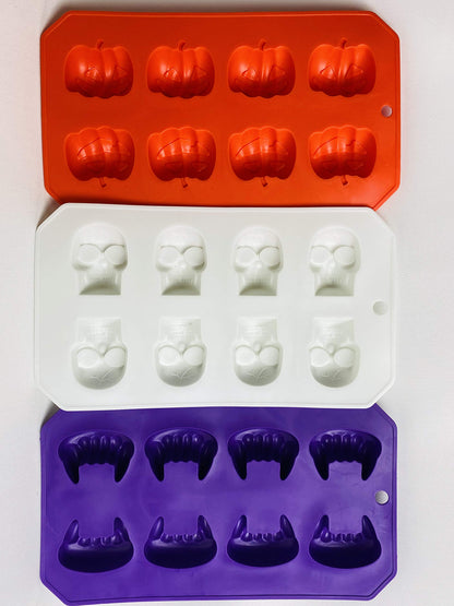 Halloween Fall themed Set of 3 Ice cube trays, candy mold, jello shot skull/fang/pumpkin shapes