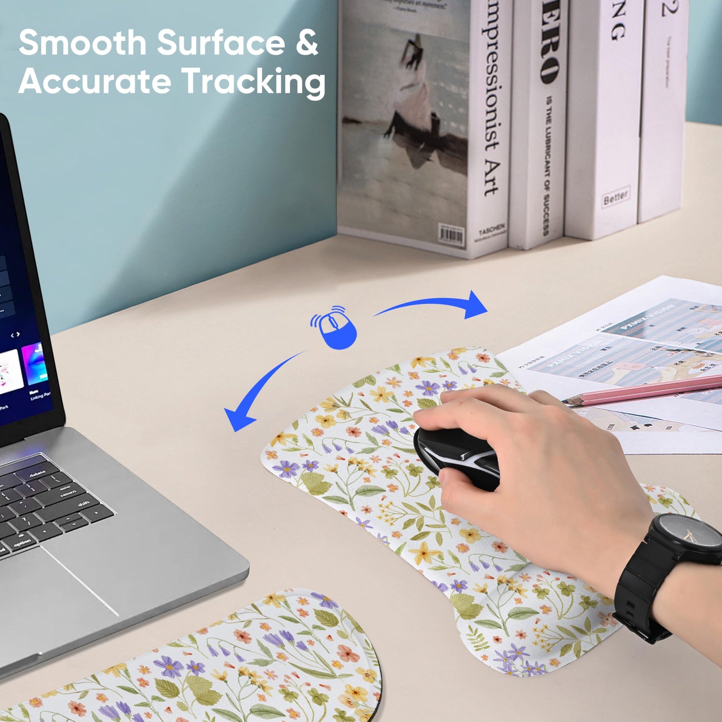 AUPET Mouse Pad Keyboard Wrist Rest Set,Ergonomic Memory Foam Mouse Pads Wrist Support Set,Non-Slip Base, Smooth Surface, Pain Relief for Gaming,Office (Pressed Flower Art)