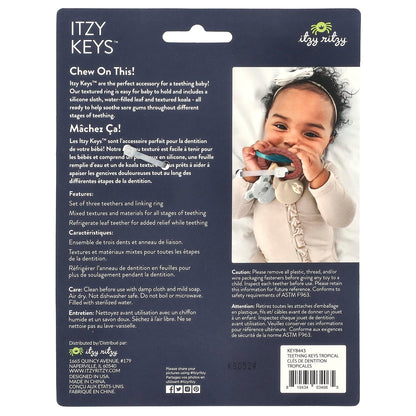 Itzy Ritzy Teething Keys Baby Teether Toy - Features a Braided Texture Ring & Keys, Includes a Water-Filled Leaf-Shaped Teether & Silicone Sloth & Koala Teething Toys, Ideal for Ages 3 Months & Up