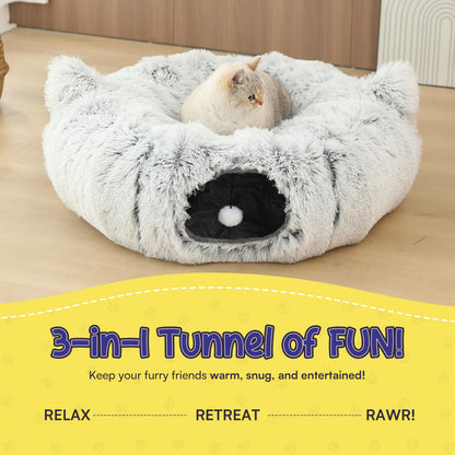 PurrPuff Cat Tunnel Bed Cave with Catnip Toys - Peekaboo Cat Hideaway & Cat Donut Tunnel - 3-in-1 Cat Tunnels for Indoor Cats - Foldable Cute Cat Bed - 32" Washable