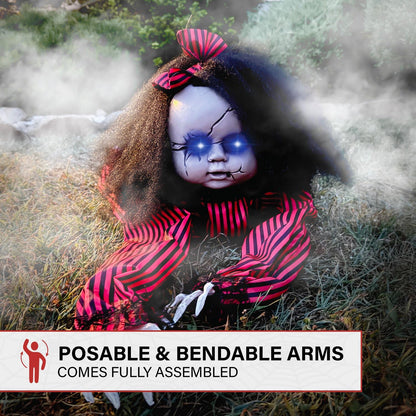 Haunted Hill Farm Scary Haunted Crawling Baby Doll, Halloween Animatronic with Touch Activated Lights and Sound, Battery Operated Indoor or Covered Outdoor Halloween Decorations, Creepy Fright Props
