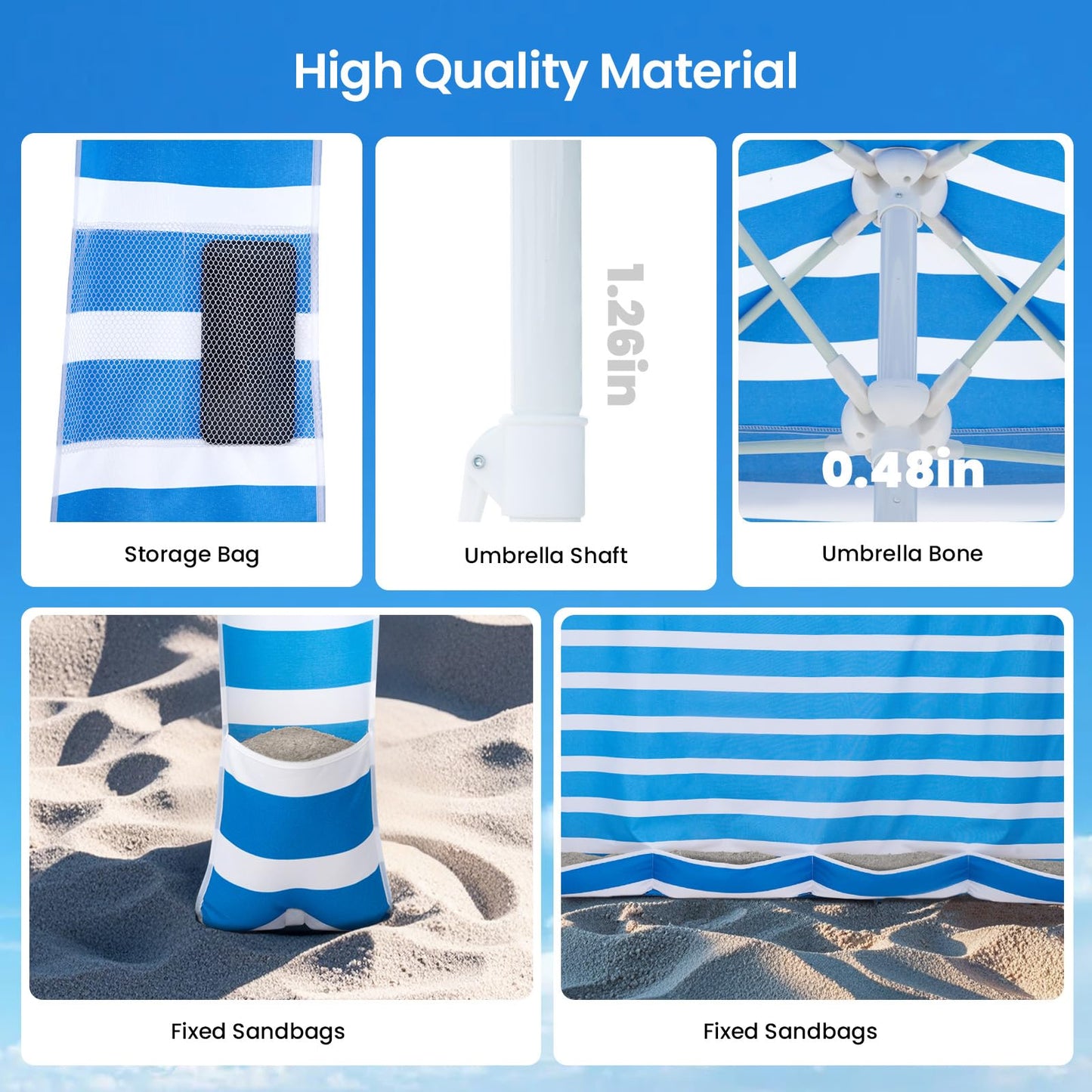 Grandekor Upgraded 6'×6' Pop Up Beach Canopy Tent for Family & Kids UPF 50+ Sun Shelter for Pool Camping with Sand Anchor Sidewall Bold Blue White Stripe