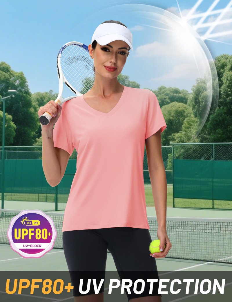 MAGCOMSEN Short Sleeve Workout Tops for Women V Neck T Shirts UPF Summer Tees Breathable Gym Hiking Yoga Tops, Pink, L
