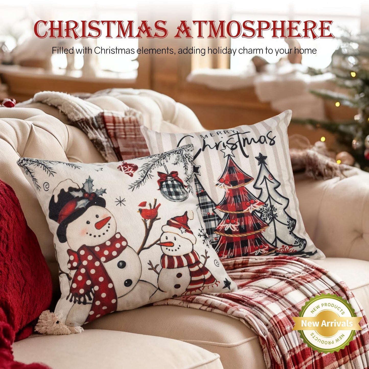 Aursaos Happy Holiday Merry Christmas Plaid Pillow Covers 18x18 Set of 4, Grey Striped Red Buffalo Plaid Snowman Tree Deer Decorative Winter Throw Pillow Case for Couch Sofa Living Room